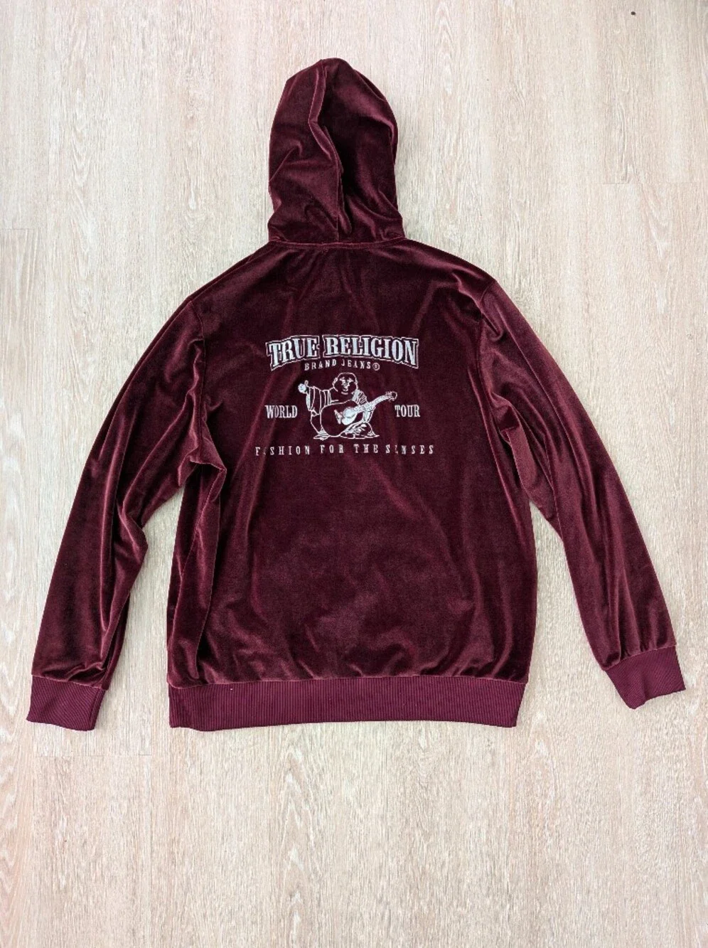 True Religion Hoodie Men's XXL Velour Burgundy Full Zip Fashion For The Senses